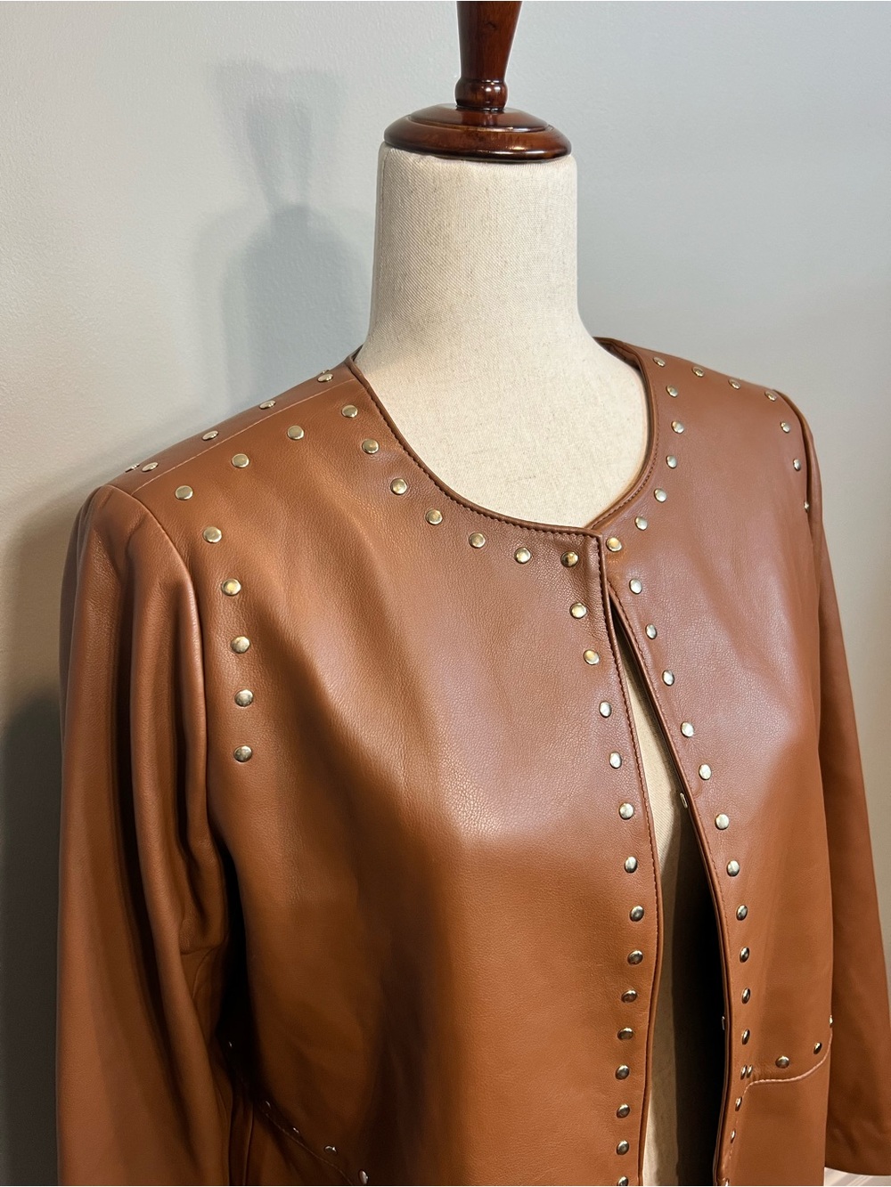Chico's Cognac Faux Leather Stud-Trim Coat, Washable (NEW) - Picture 4 of 9